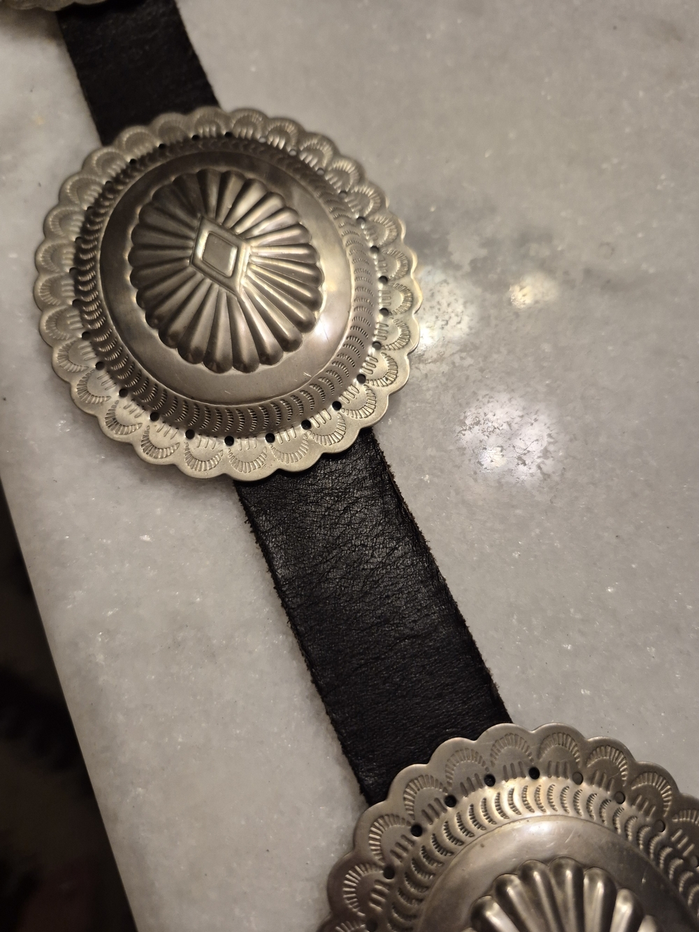 Silver Concho Leather Belt - Black Leather Western Style - Picture 2 of 5